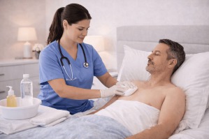 Enfermera realizando baño de esponja a domicilio en CDMX a paciente en cama con atención profesional y privacidad