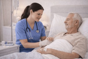 Enfermera brindando cuidados paliativos a domicilio en CDMX a paciente terminal con atención profesional y ambiente tranquilo