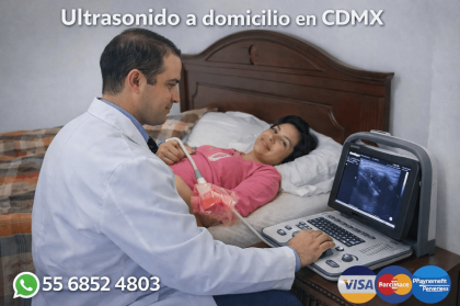 Anuncio de ultrasonido a domicilio en CDMX con médico realizando estudio portátil en casa, ícono de WhatsApp, número 5568524803 y pago con Visa, MasterCard y American Express