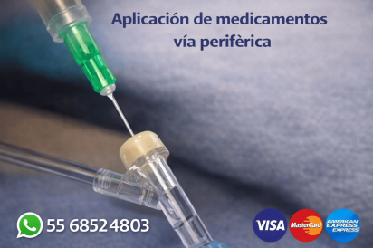 Anuncio de aplicación de medicamentos vía periférica con acceso intravenoso, número 5568524803 y pago con Visa, MasterCard y American Express