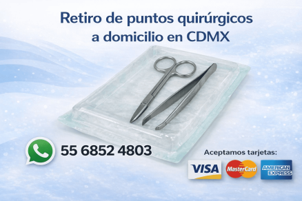 Anuncio de retiro de puntos quirúrgicos a domicilio en CDMX con instrumental estéril, número 5568524803 y pago con Visa, MasterCard y American Express