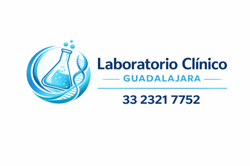 Logotipo de Laboratorio Clínico Guadalajara con matraz,  y número telefónico 3323217752