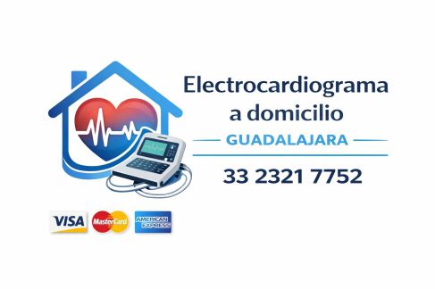 Logotipo de electrocardiograma a domicilio en Guadalajara con monitor cardiaco, número telefónico 3323217752 y pago con Visa, MasterCard y American Express