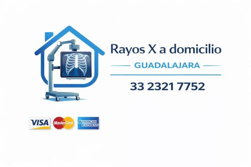Logotipo de rayos X a domicilio en Guadalajara con equipo portátil de radiografía, número telefónico 3323217752 y pago con Visa, MasterCard y American Express