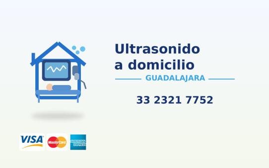Logotipo de ultrasonido a domicilio en Guadalajara con equipo portátil, número telefónico 3323217752 y pago con Visa, MasterCard y American Express