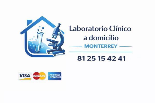 Logotipo de laboratorio clínico a domicilio en Monterrey con microscopio, tubo de ensayo, número telefónico 8125154241 y pago con Visa, MasterCard y American Express