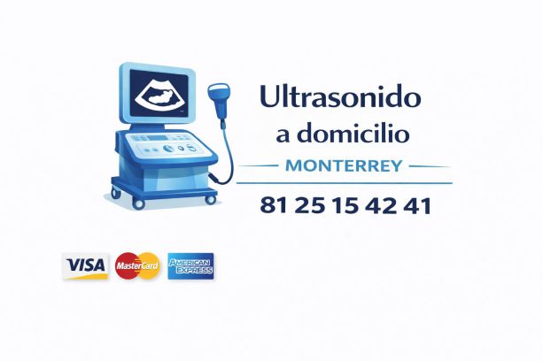 Logotipo de ultrasonido a domicilio en Monterrey con equipo portátil, número telefónico 8125154241 y pago con Visa, MasterCard y American Express