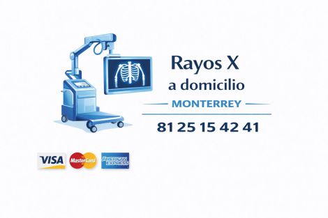 Logotipo de rayos X a domicilio en Monterrey con equipo portátil de radiografía, número telefónico 81 25 15 42 41 y pago con Visa, MasterCard y American Express
