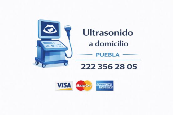 Logotipo de ultrasonido a domicilio en Puebla con equipo portátil, número telefónico 222 356 28 05 y aceptación de Visa, MasterCard y American Express