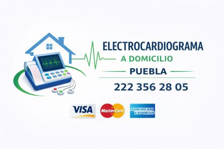 Logotipo de electrocardiograma a domicilio en Puebla con monitor cardiaco, número telefónico 222 356 28 05 y aceptación de Visa, MasterCard y American Express