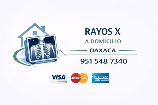 Logotipo de rayos X a domicilio en Oaxaca con equipo portátil de radiografía, número telefónico 951 548 7340 y aceptación de Visa, MasterCard y American Express