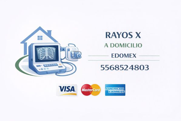 Logotipo de rayos X a domicilio en EDOMEX con equipo portátil de radiografía, número telefónico 5568524803 y aceptación de Visa, MasterCard y American Express