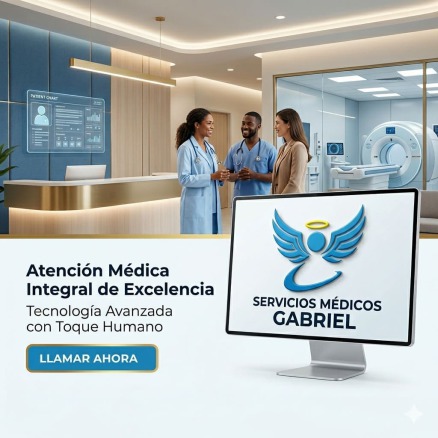 Banner de Servicios Médicos Gabriel destacando atención médica integral a domicilio con logotipo de ángel azul y botón de llamar ahora.