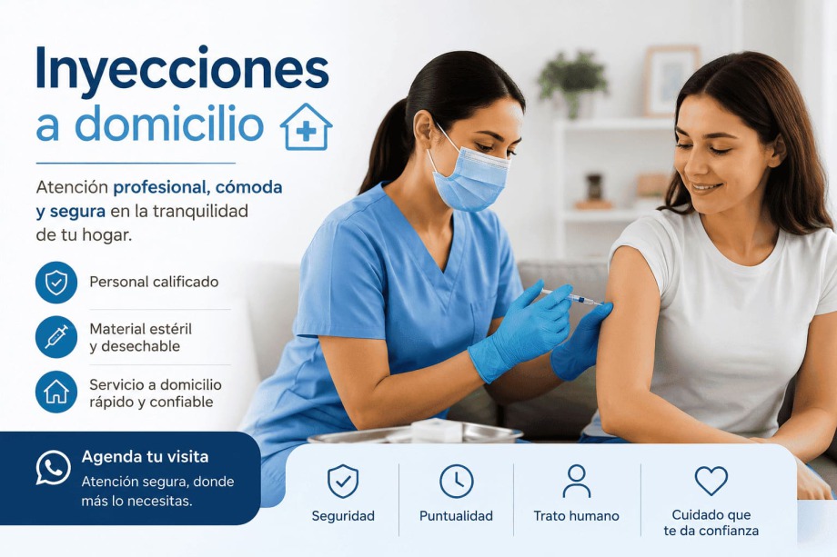 Anuncio de inyecciones a domicilio en CDMX con jeringa y ampolleta, número 5568524803 y pago con Visa, MasterCard y American Express