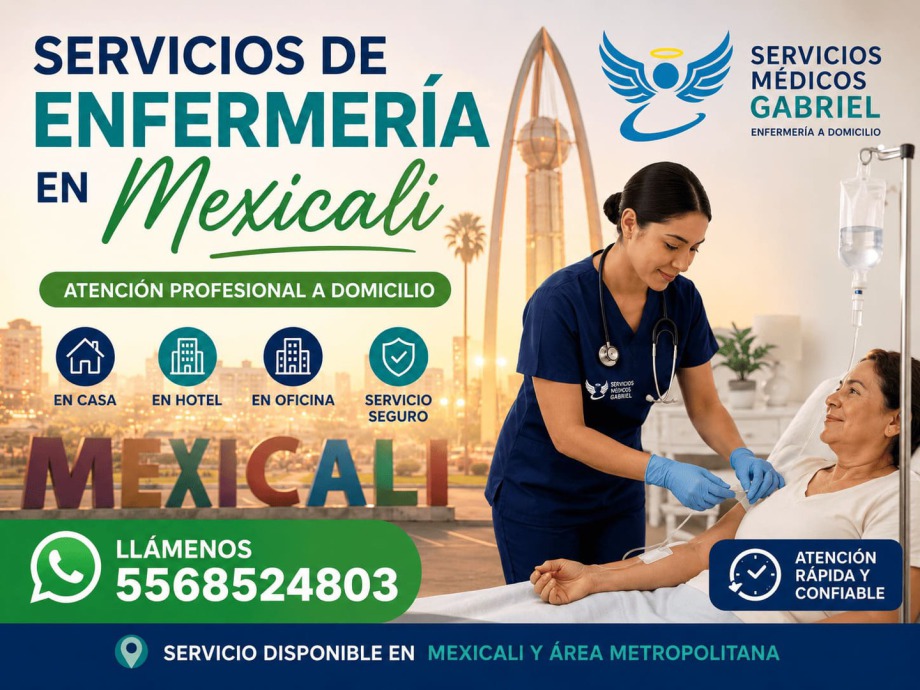 Servicios de enfermería a domicilio en Mexicali con enfermera aplicando tratamiento intravenoso a paciente en casa, atención profesional a domicilio, teléfono 5568524803.