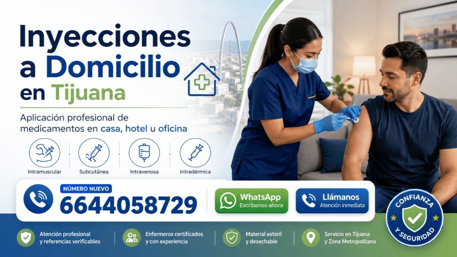 Enfermera aplicando inyecciones a domicilio en Tijuana con atención profesional en casa, hotel u oficina.