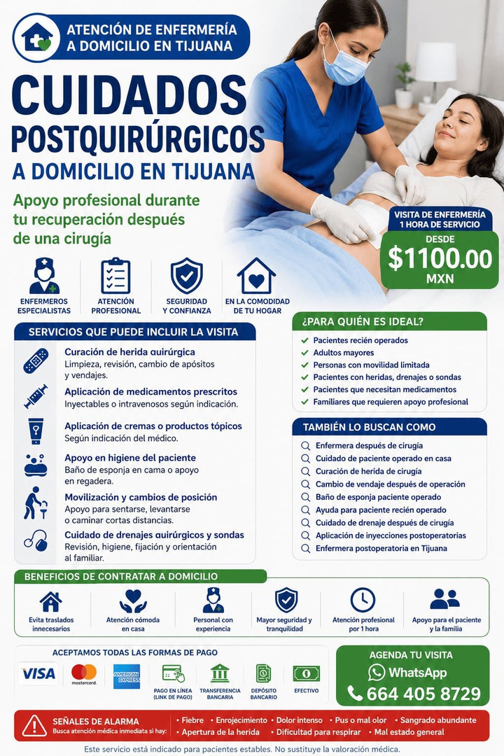 Enfermera realizando cuidados postquirúrgicos a domicilio en Tijuana.