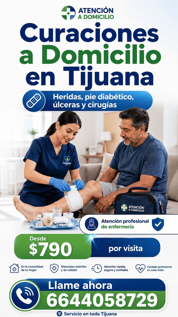 Enfermera realizando curaciones a domicilio en Tijuana para heridas, pie diabético y úlceras.
