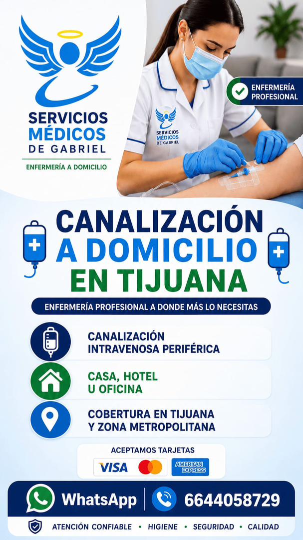 Enfermera realizando canalización intravenosa a domicilio en Tijuana.