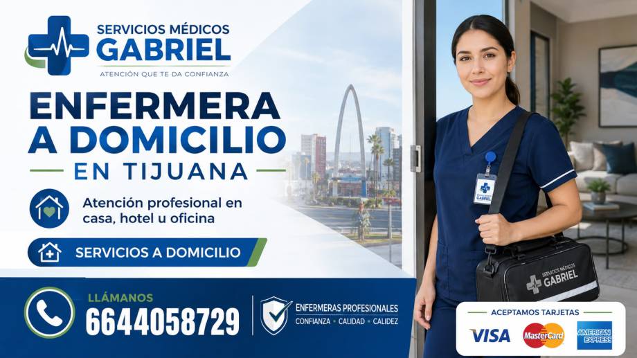 Enfermera a domicilio en Tijuana atendiendo a paciente en casa con servicios de enfermería profesional.