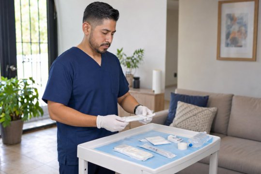 Preparación de material de enfermería para una visita a domicilio