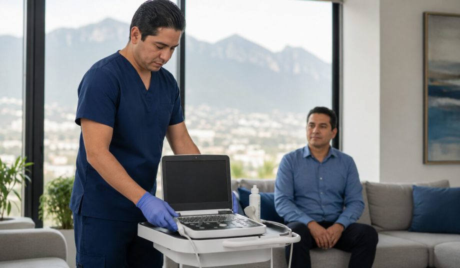 Médico preparando un ultrasonido portátil a domicilio en Monterrey