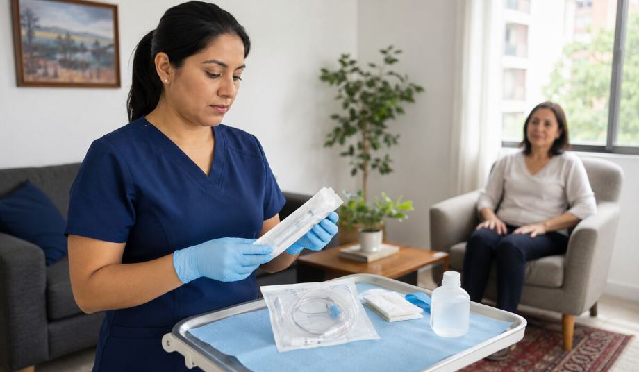 Enfermera preparando material para instalar un suero a domicilio en CDMX