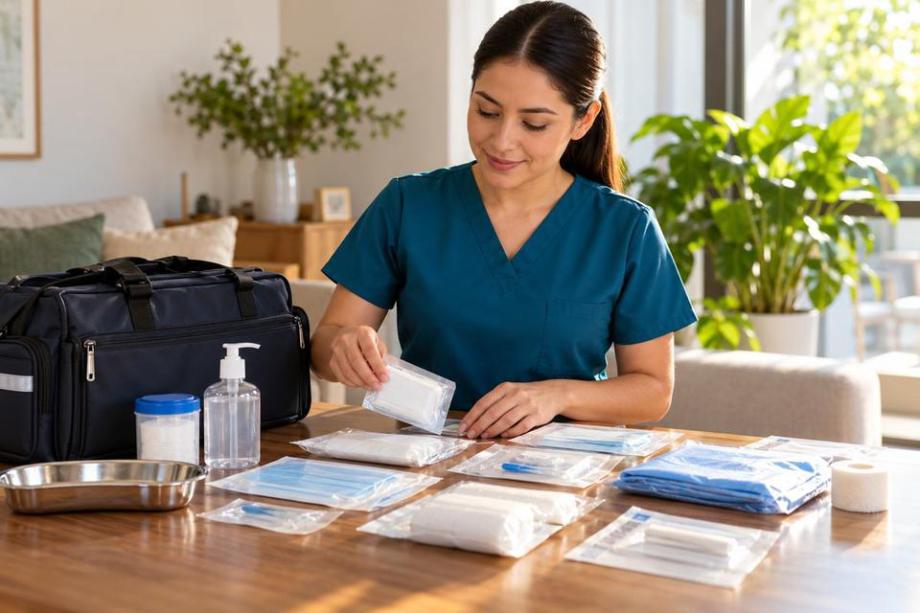 Enfermera prepara insumos individuales; colocación de suero a domicilio en CDMX, Enfermeros Gabriel. 5568524803.