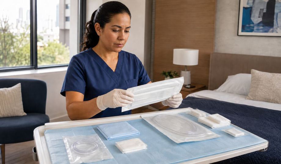 Enfermera preparando material para cambio de sonda Foley a domicilio en CDMX