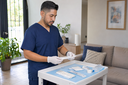 Profesional de enfermería preparando material para la atención a domicilio