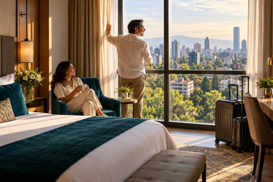 Pareja de viajeros descansa en una habitación de hotel con equipaje y vista de la ciudad.
